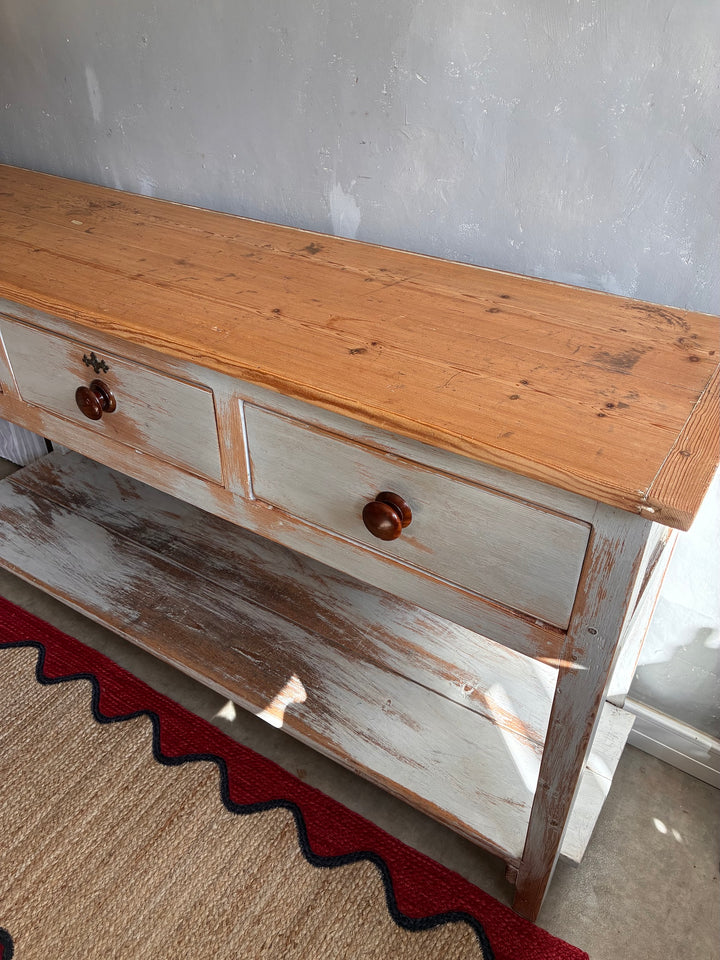 Antique Pine Potboard Dresser featuring rustic pine top and distressed painted base with mahogany handles.