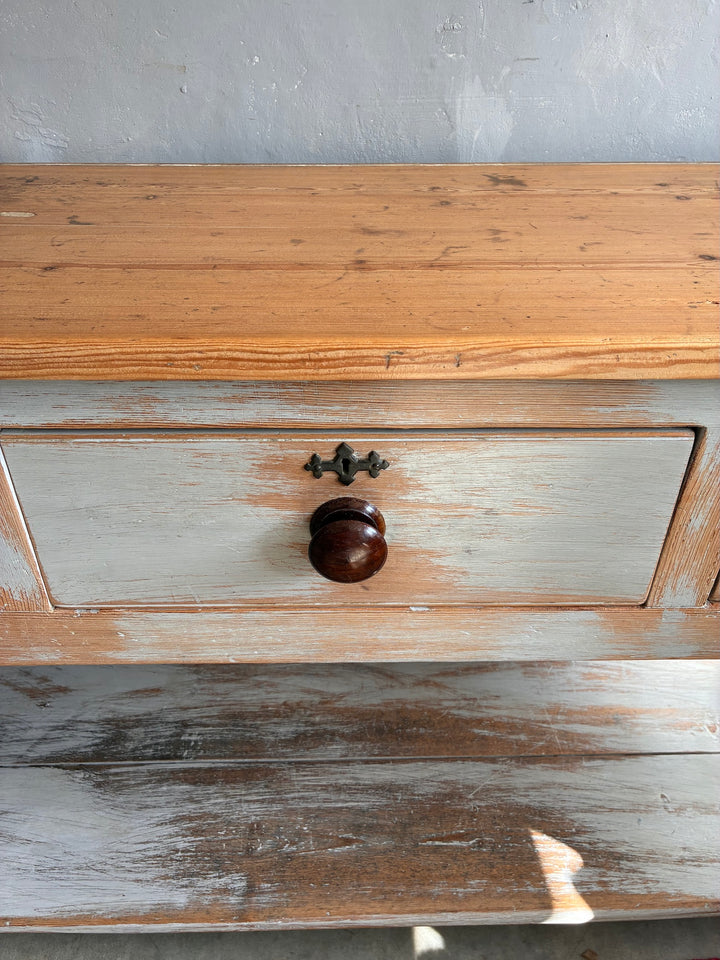Antique Pine Potboard Dresser with rustic pine top and wooden drawer handle, showcasing mid-19th century design.