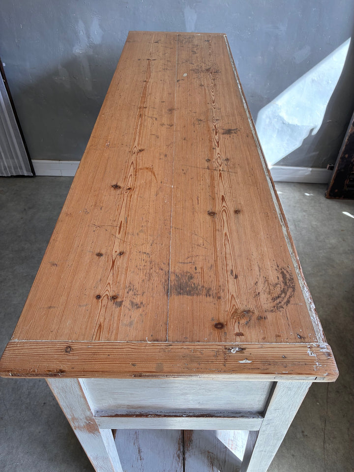 Antique Pine Potboard Dresser top view showcasing rustic pine wood with distressed finish.