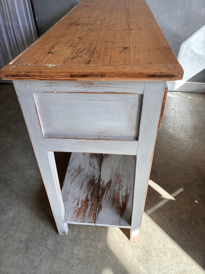 Antique Pine Potboard Dresser showcasing rustic charm with a plain pine top and distressed painted base.