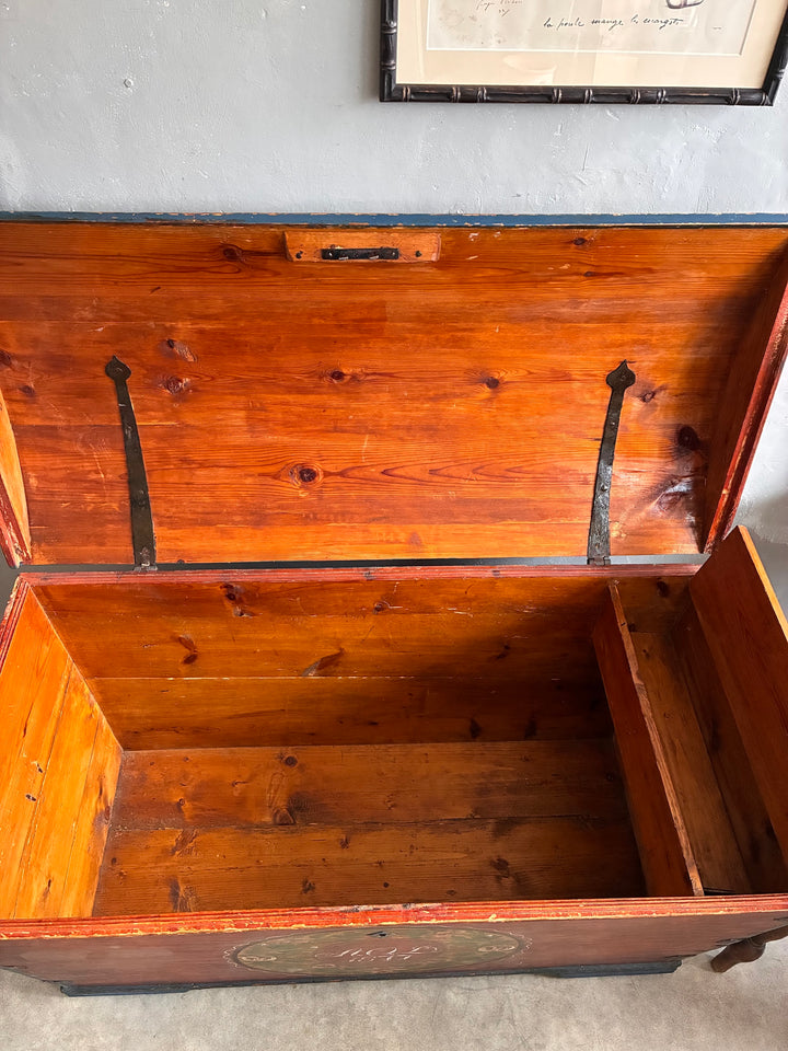 Inside view of Antique Danish Dowry Chest, showcasing its spacious storage and craftsmanship by Source for the Goose, Devon.