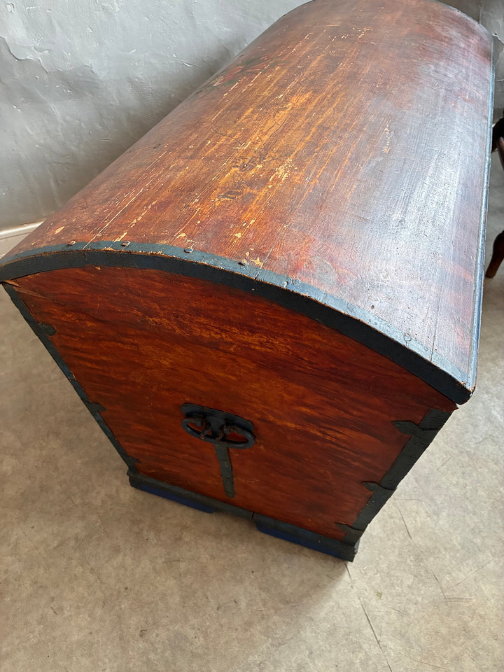 Antique Danish Dowry Chest with painted dome top and blue iron handles from Source for the Goose, Devon.