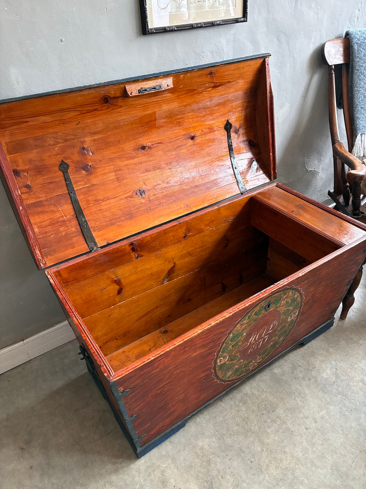 Antique Danish Dowry Chest with painted floral design and open lid, showcasing craftsmanship and storage space.