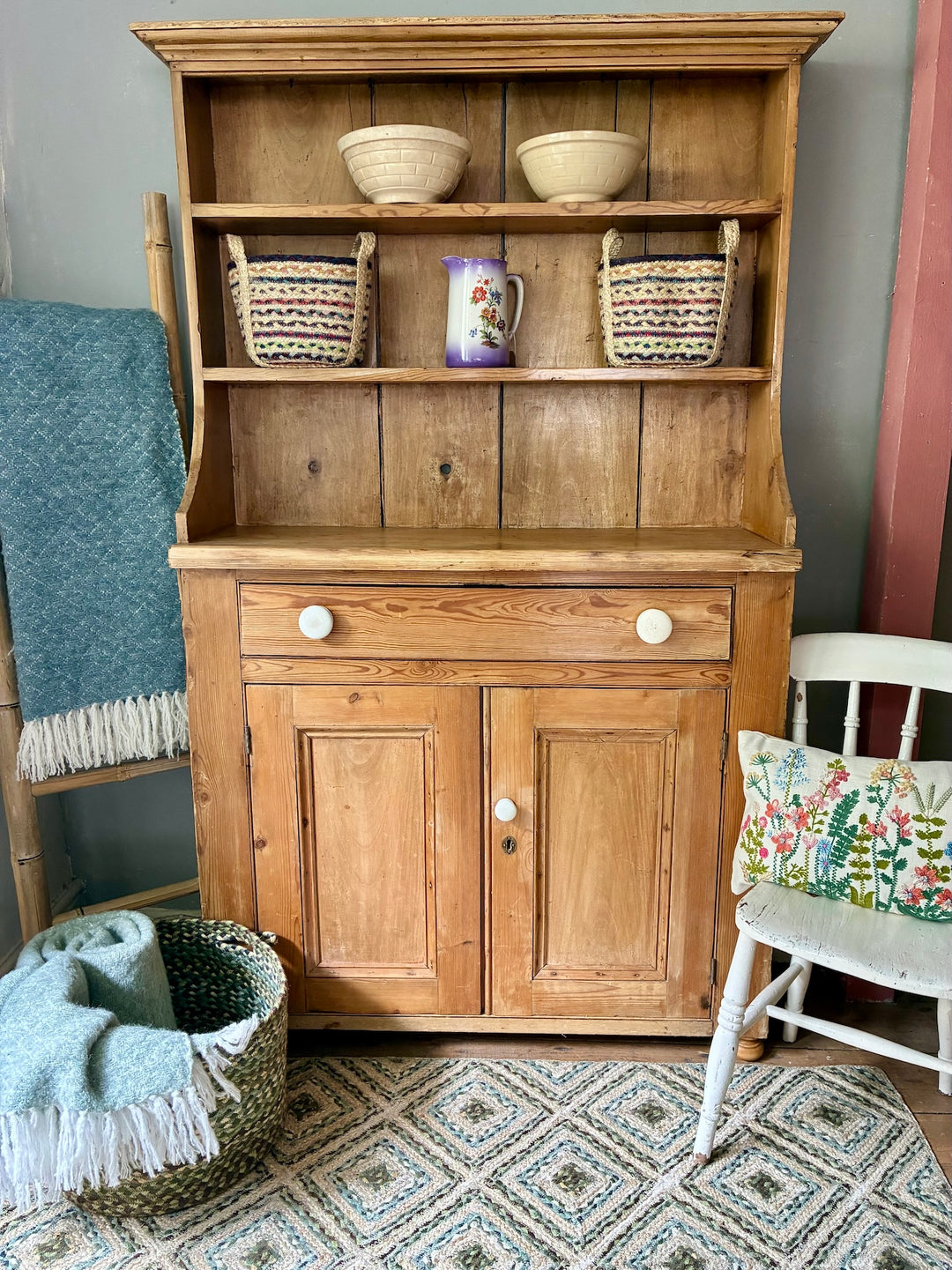 Antique Victorian Pine Dresser with plate rack, storage drawer, and cupboard, perfect for rustic decor in Devon.