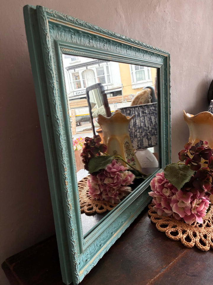 Vintage Rectangular Mirror in Blue with ornate frame, showcasing a unique aged finish—available at Source for the Goose, Devon.