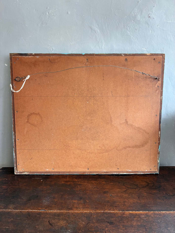 Back view of a Vintage Rectangular Mirror in Blue showcasing the hanging hardware and aged backing.