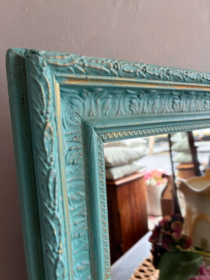 Close-up of Vintage Rectangular Mirror in Blue with intricate design and aged finish, from Source for the Goose, Devon.