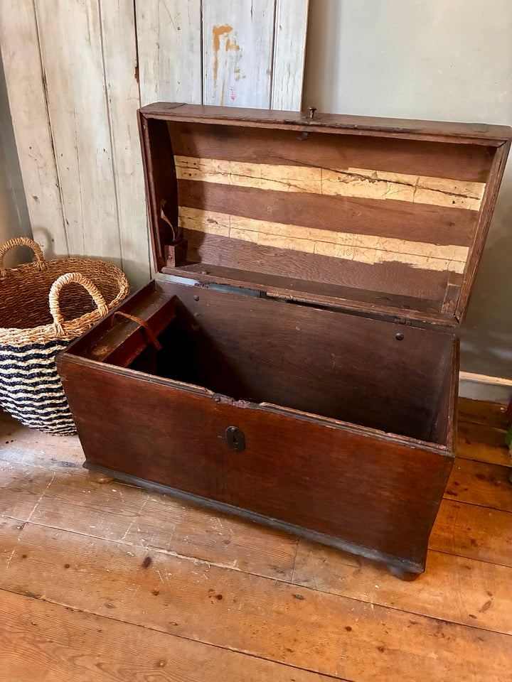 Antique Wooden Dome Top Trunk with open lid showcasing interior and original wooden candle box.
