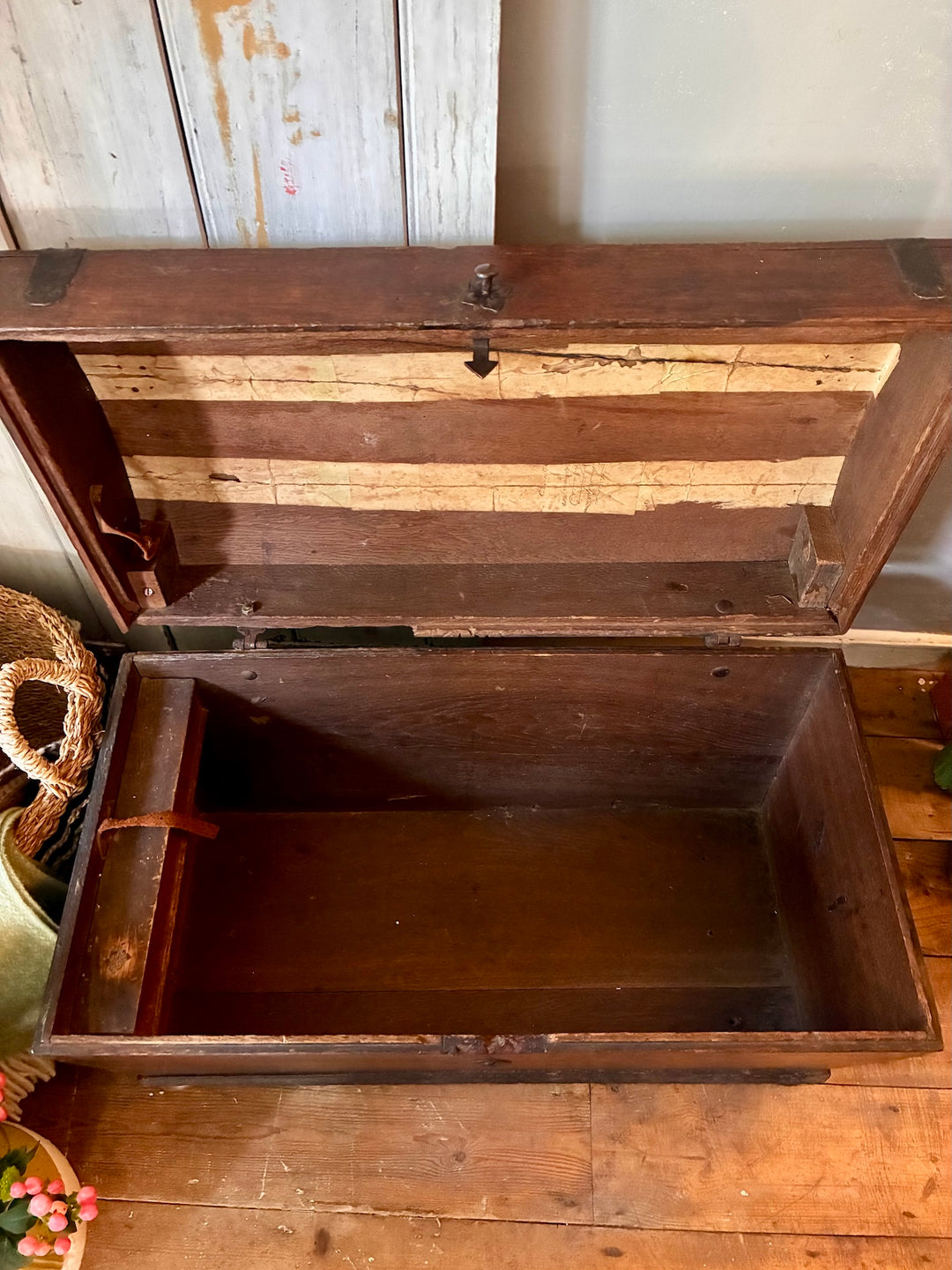 Antique Wooden Dome Top Trunk interior view with wooden candle box and rustic charm from Source for the Goose Devon.