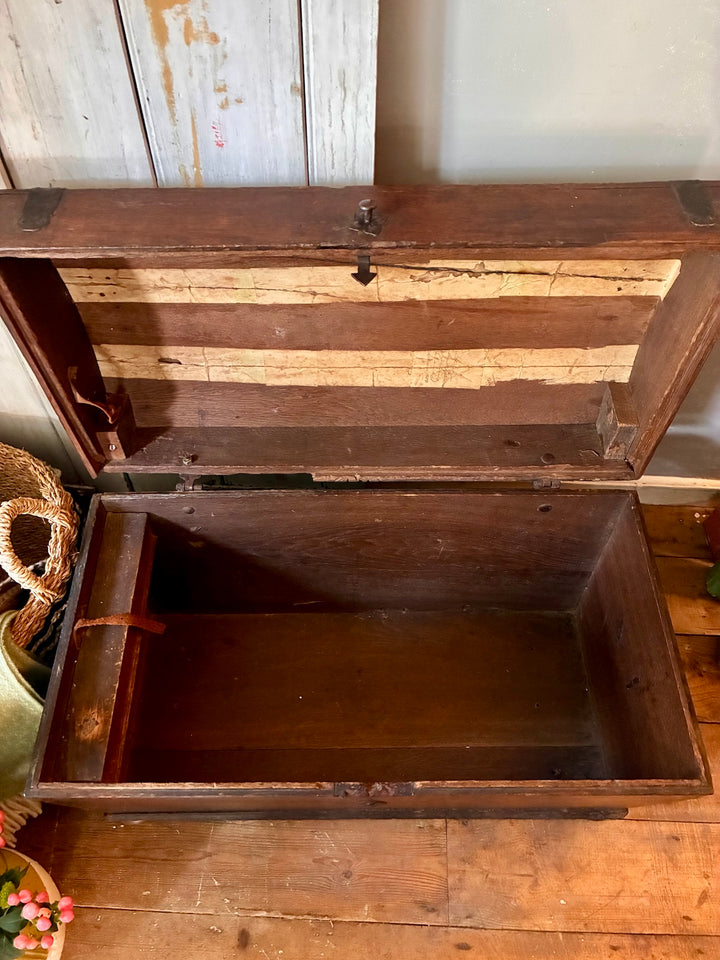 Antique Wooden Dome Top Trunk interior view with wooden candle box and rustic charm from Source for the Goose Devon.