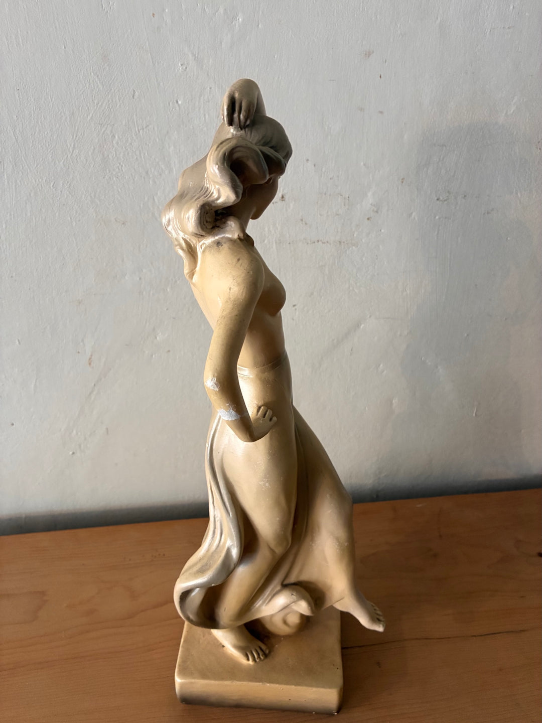 Antique Art Deco Chalkware Lady Figurine in elegant pose, showcasing vintage home aesthetic from the 1930s.