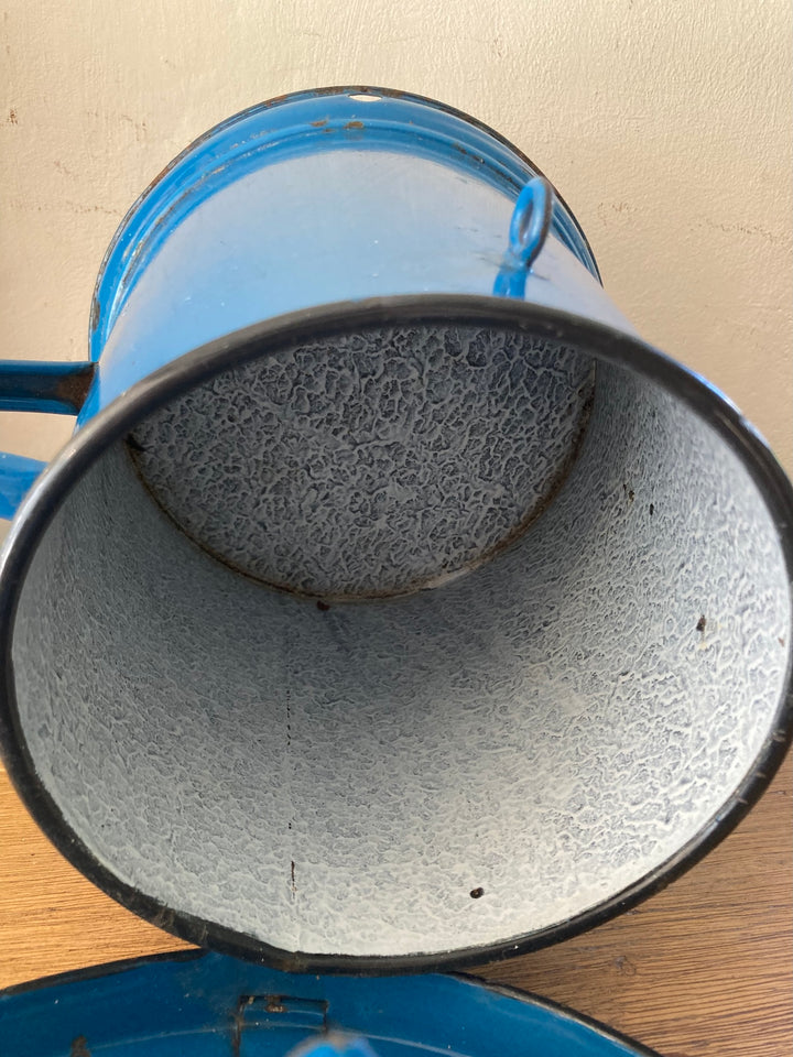 Vintage blue enamel bucket with marbled interior, perfect for charming kitchen storage decor from Source for the Goose, Devon.