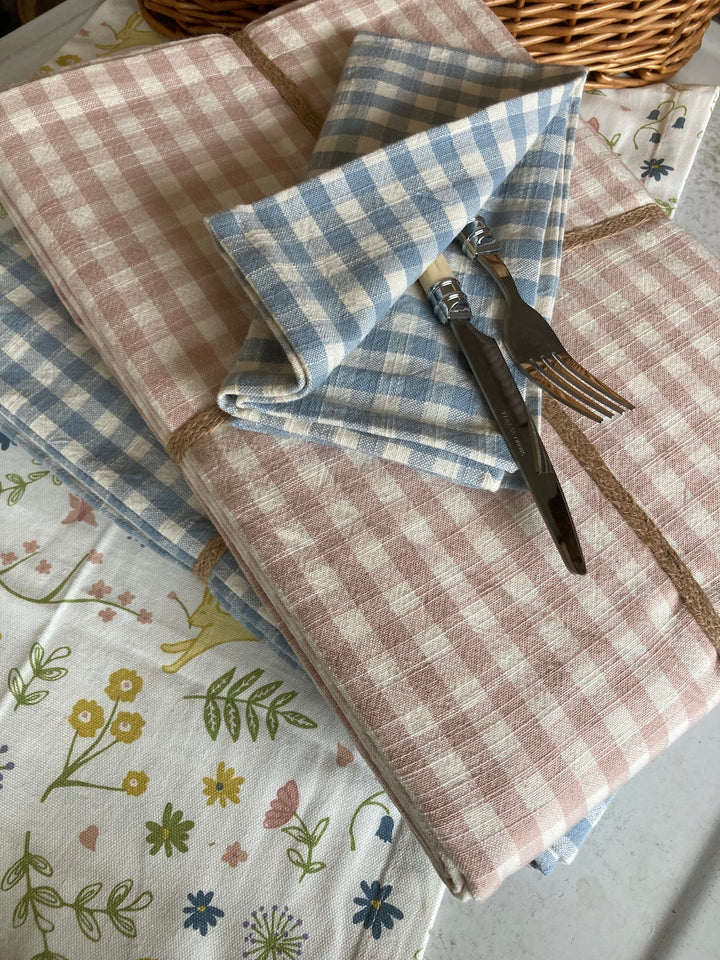 Cornflower Blue Gingham Napkin Set by Source for the Goose, showcasing blue checks with rustic charm, ideal for dining decor.