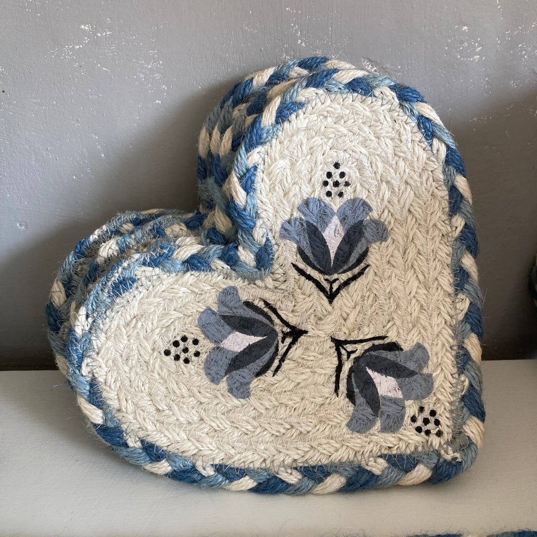 Blue Lily Heart Shaped Jute Coaster by the Braided Rug Company