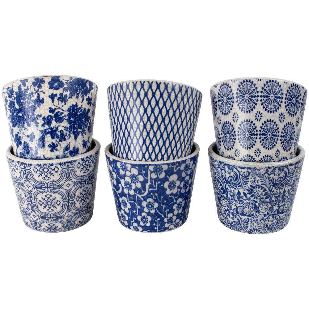 assortment of six design of blue old style dutch flowerpots