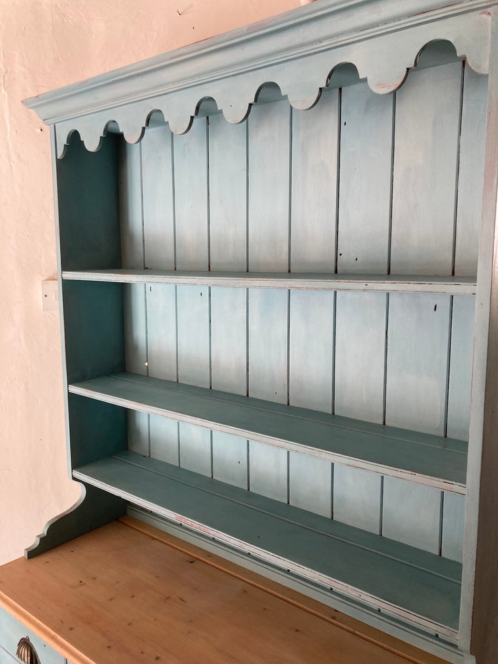 Vintage blue-painted dresser shelves with scalloped edge, perfect for adding charm to small spaces. Source for the Goose, Devon.