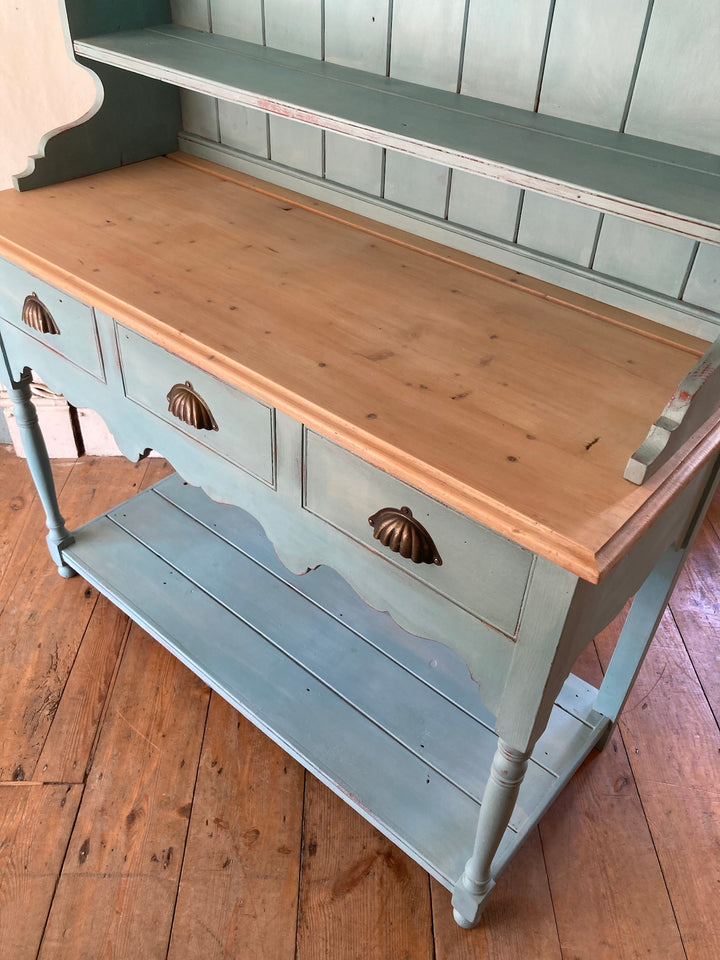 Vintage blue painted dresser with three drawers and shelves, ideal for small spaces, from Source for the Goose Devon.