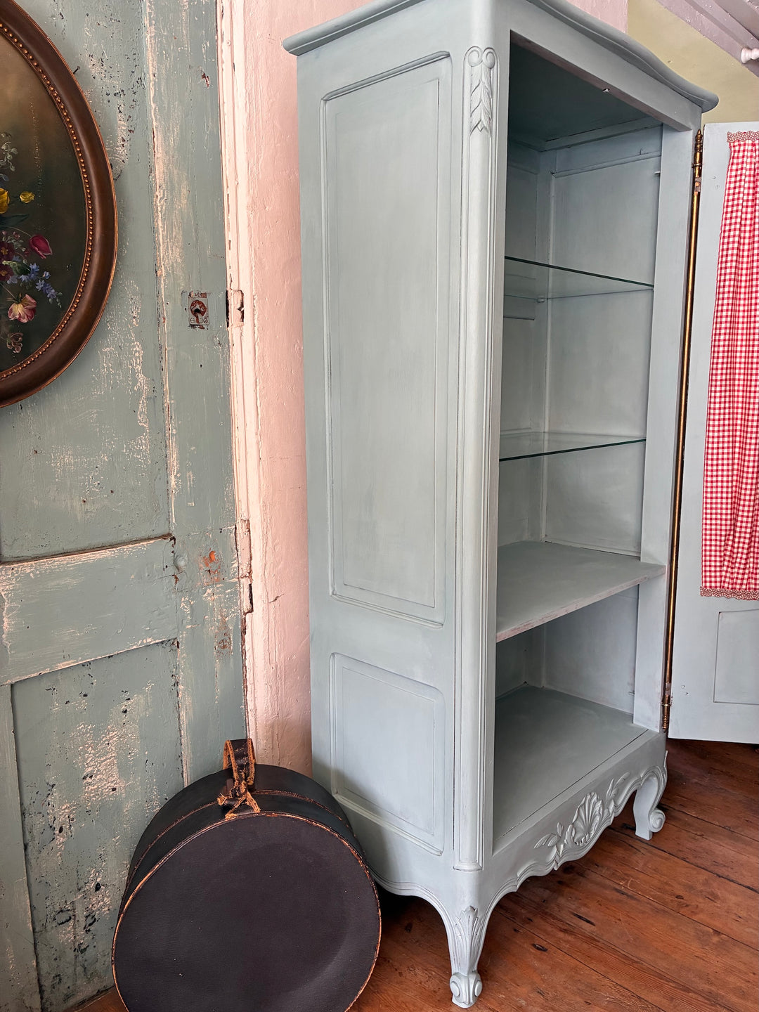 Small Blue Painted French Armoire with open shelves, featuring delicate blue paint and classic design, from Source for the Goose, Devon.