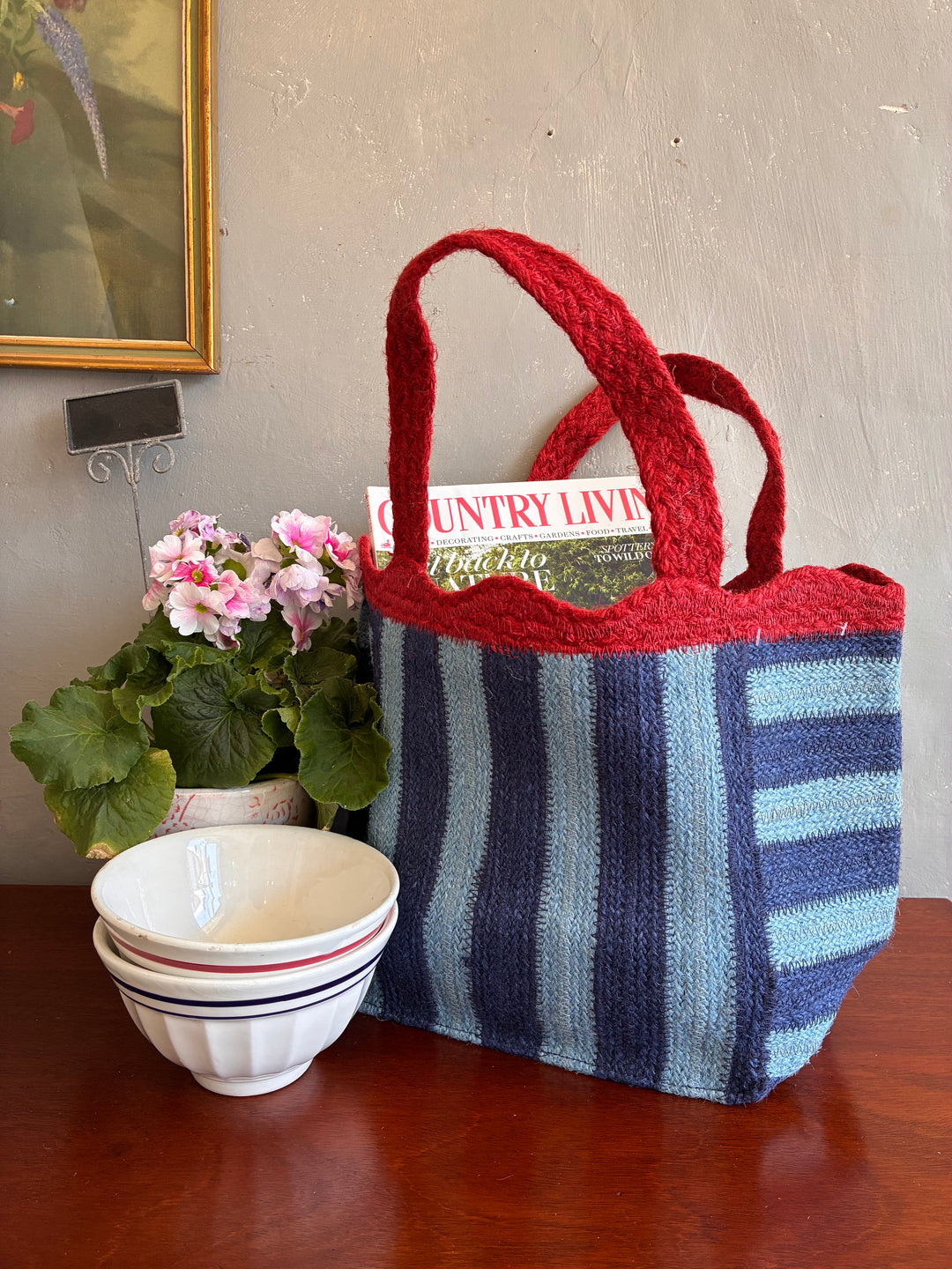 Small blue and red stripe jute tote bag by Source for the Goose, perfect for shopping and everyday use.