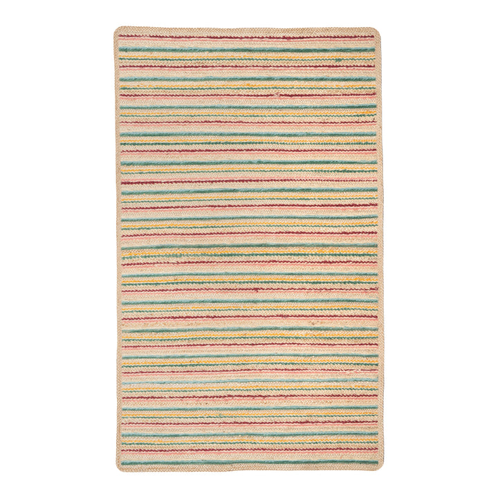 Ikat stripe organic jute braided rug, a colorful jute runner perfect for hallways and kitchens.