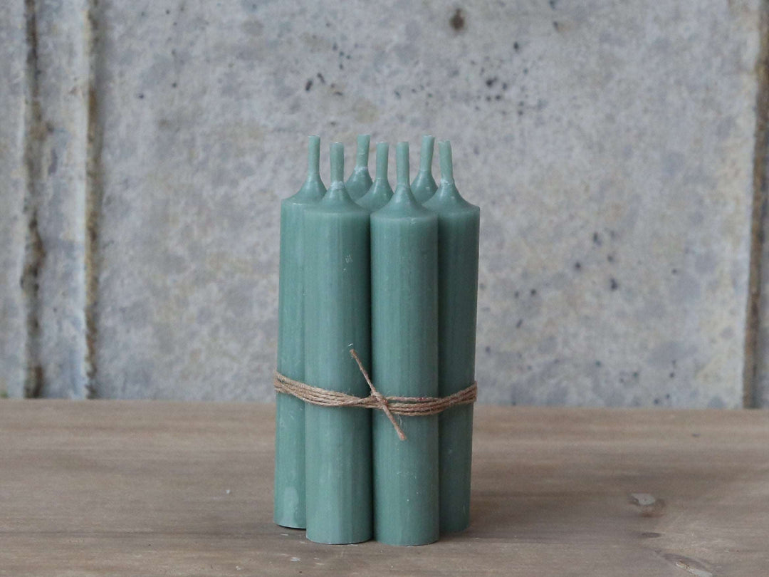 Bundle of 10 grey/green stubby dinner candles at Source for the Goose, Interiors 