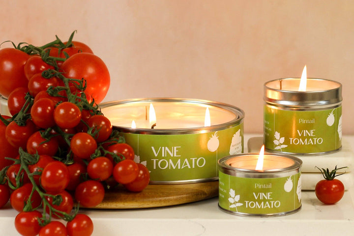 Pintail Candles Vine Tomato triple wick candle with fresh tomatoes, herbal and fruity scents, Source for the Goose Devon.
