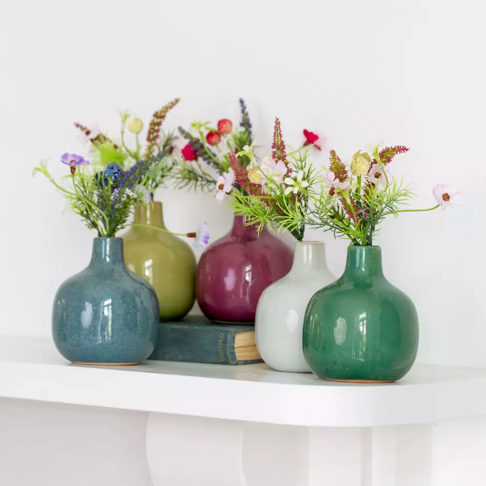 Dainty Ceramic Bud Vase- Various Colours with flowers displayed on a shelf by Source for the Goose, Devon.