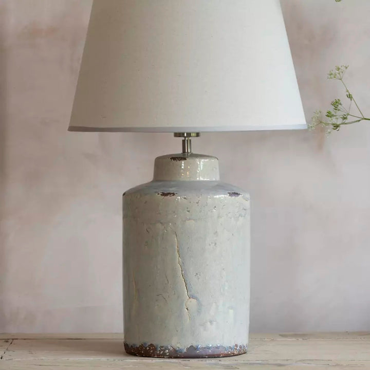 Tall Rustic Glaze Stoneware Table Lamp with cream shade and textured ceramic base from Source for the Goose, Devon.