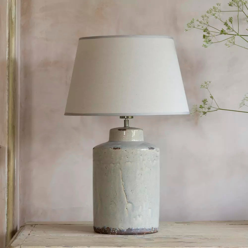 Tall Rustic Glaze Stoneware Table Lamp featuring a textured ceramic base and soft cream shade, from Source for the Goose Devon.