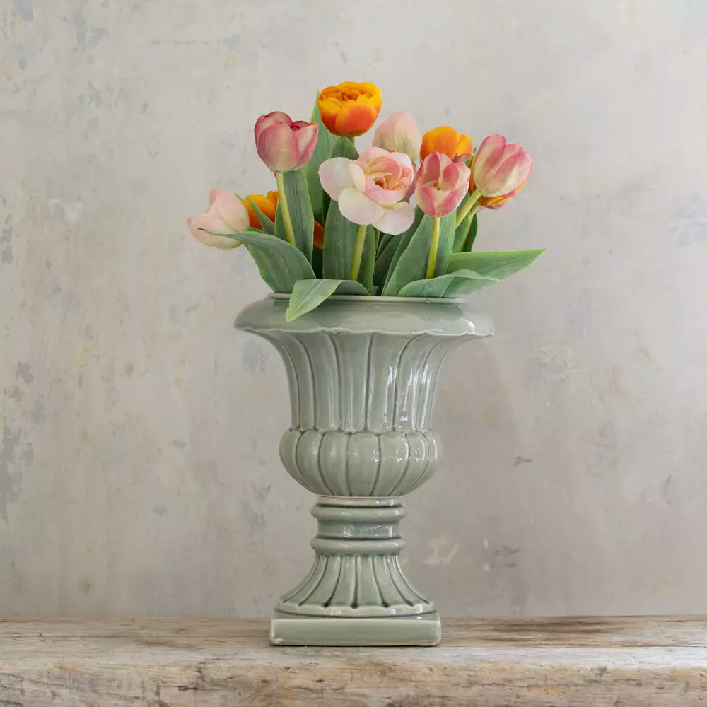 Pretty Green Ceramic Planter Vase with colorful tulips in a vintage-inspired design by Source for the Goose Devon.