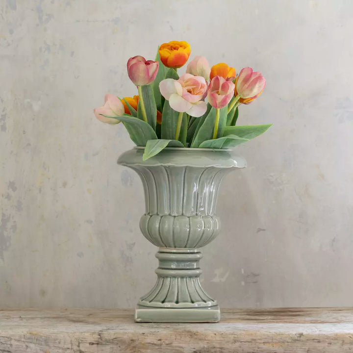 Pretty Green Ceramic Planter Vase with colorful tulips in a vintage-inspired design by Source for the Goose Devon.