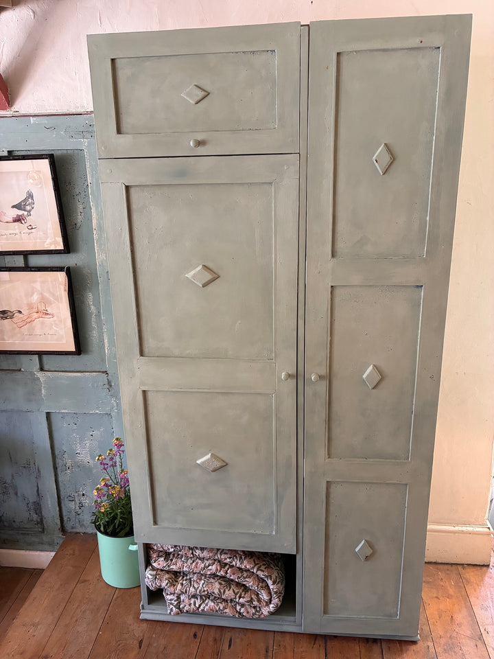 Tall Vintage Green Wooden Cupboard with distressed finish and storage, from Source for the Goose, Devon.