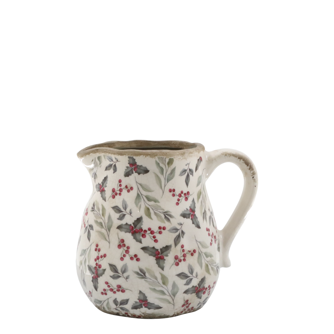Pretty Holly and Berry Jug with crackled glaze, ideal for seasonal displays from Source for the Goose, Devon.