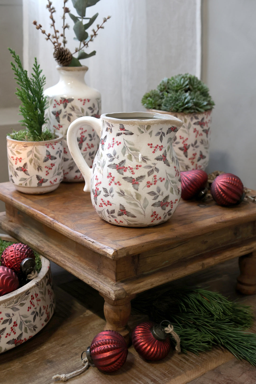 Pretty Holly and Berry Jug by Source for the Goose, rustic decor with festive accents, ideal for seasonal centerpieces.