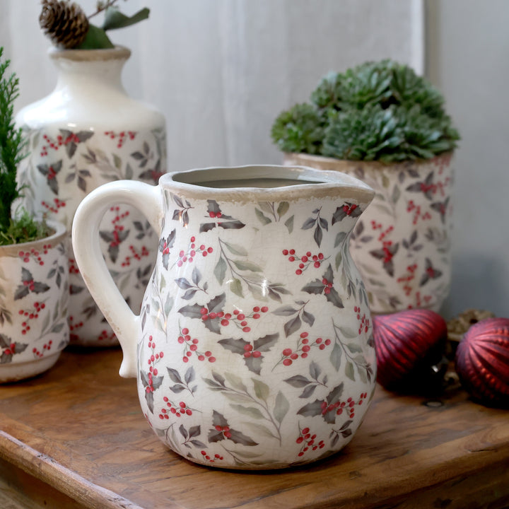 Pretty Holly and Berry Jug from Source for the Goose, perfect for seasonal displays and rustic charm in Devon.
