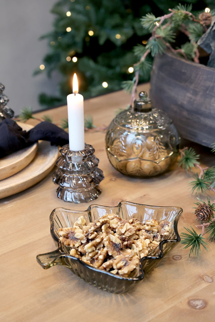 Dainty Christmas tree glass bowl filled with nuts, elegant festive decor for gatherings, by Source for the Goose, Devon.