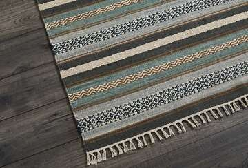 close up view of striped cotton rug in khalki green and slate grey
