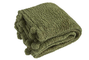 Cosy Pom Pom Throw in Olive Green showcasing plush fabric and playful pom poms for a charming accent.
