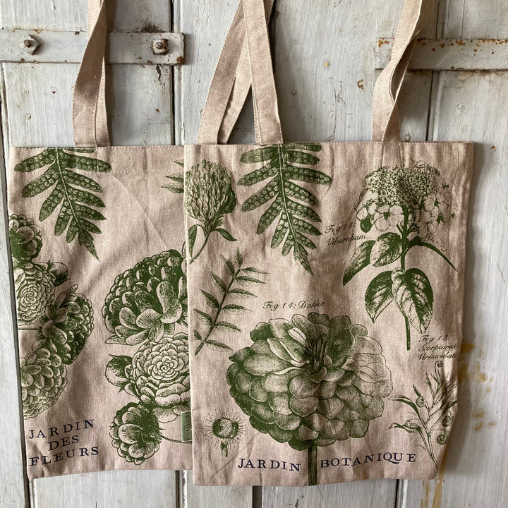 two floral cotton shopping bags with a vintage garden theme