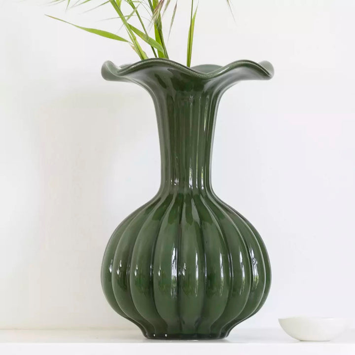 Olive Green Glass Vase with Frill Rim - Harper showcasing elegant design and flared rim, perfect for floral arrangements.