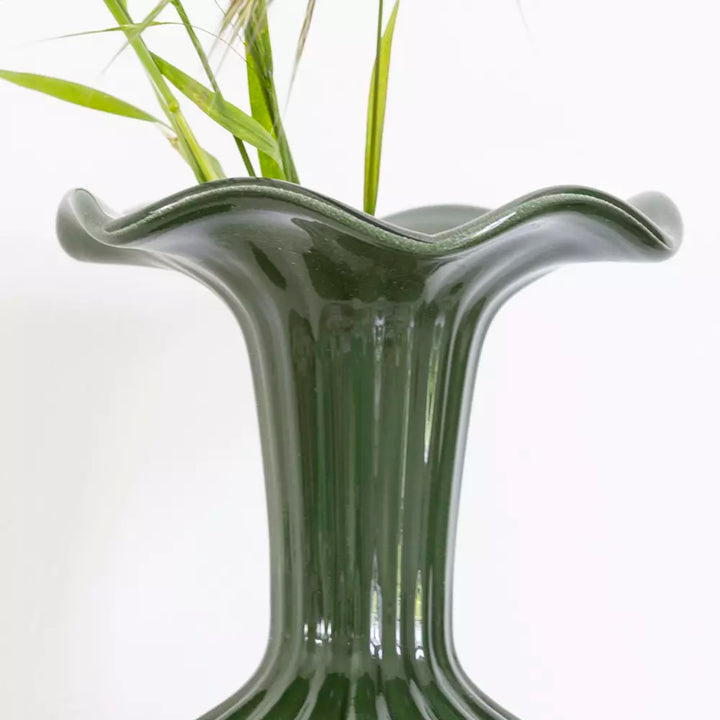 Olive Green Glass Vase with Frill Rim - Harper featuring a distinctive frill rim and floral display.