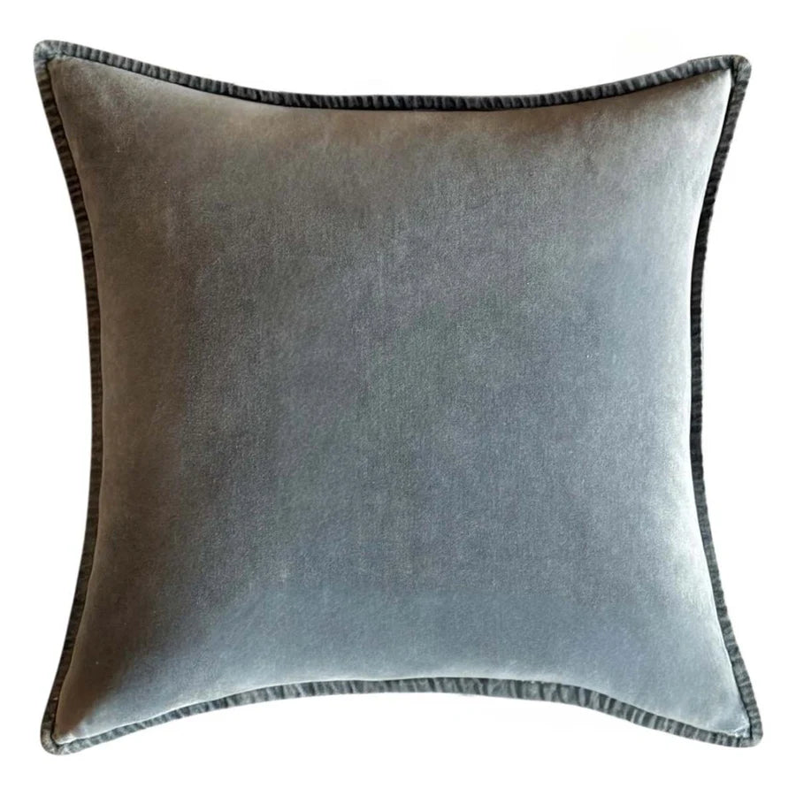 Stonewashed velvet cushion in soft grey with matching trim, perfect for home decor by Source for the Goose, Devon.