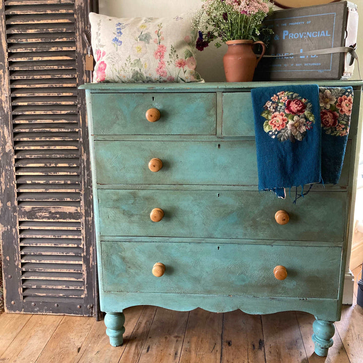 Chest of Drawers painted in Annie Sloan Provence Chalk Paint and distressed with dark wax