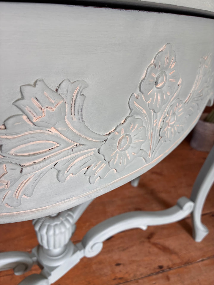 Duck Egg Blue Console Table with Cabriole Legs showing intricate floral carvings and elegant design details.