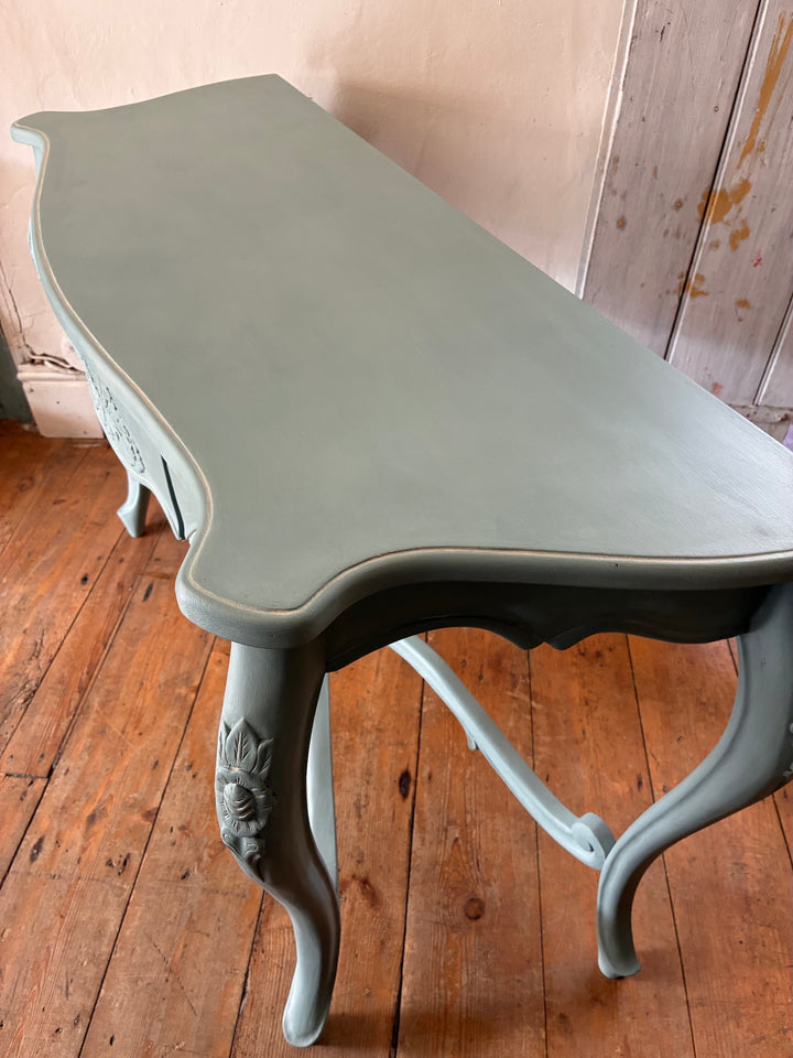 Duck Egg Blue Console Table with Cabriole Legs showcasing floral carvings and serpentine curves.