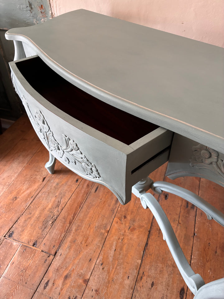 Duck Egg Blue Console Table with Cabriole Legs showcasing intricate carvings and an open drawer.