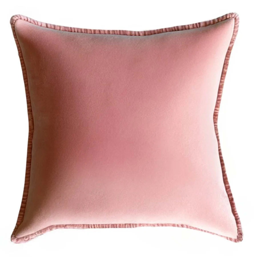 Stonewashed velvet cushion in dusky pink with matching trim, perfect for cozy home decor - Source for the Goose, Devon.
