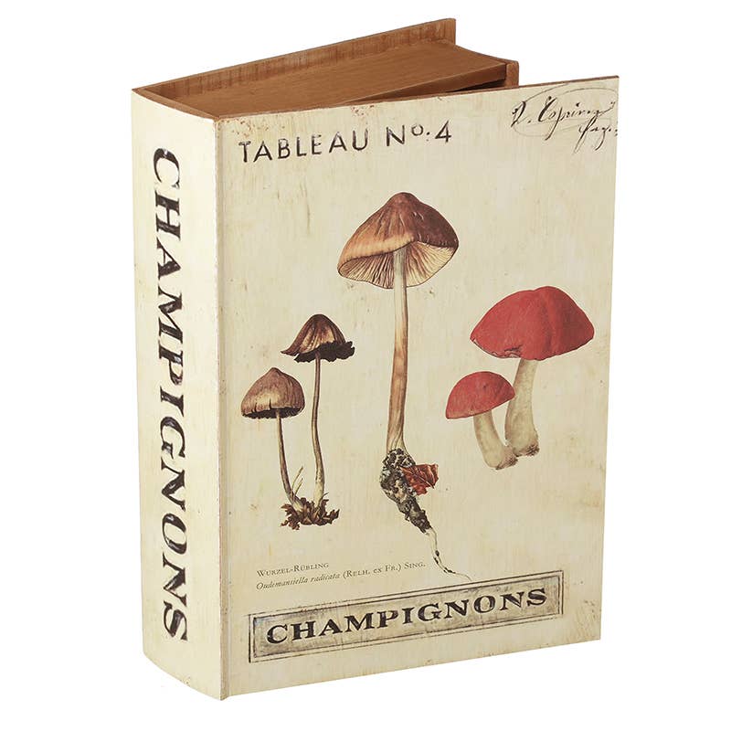 Vintage Style Wooden Book Storage Box featuring a vintage Champignons design on the cover.