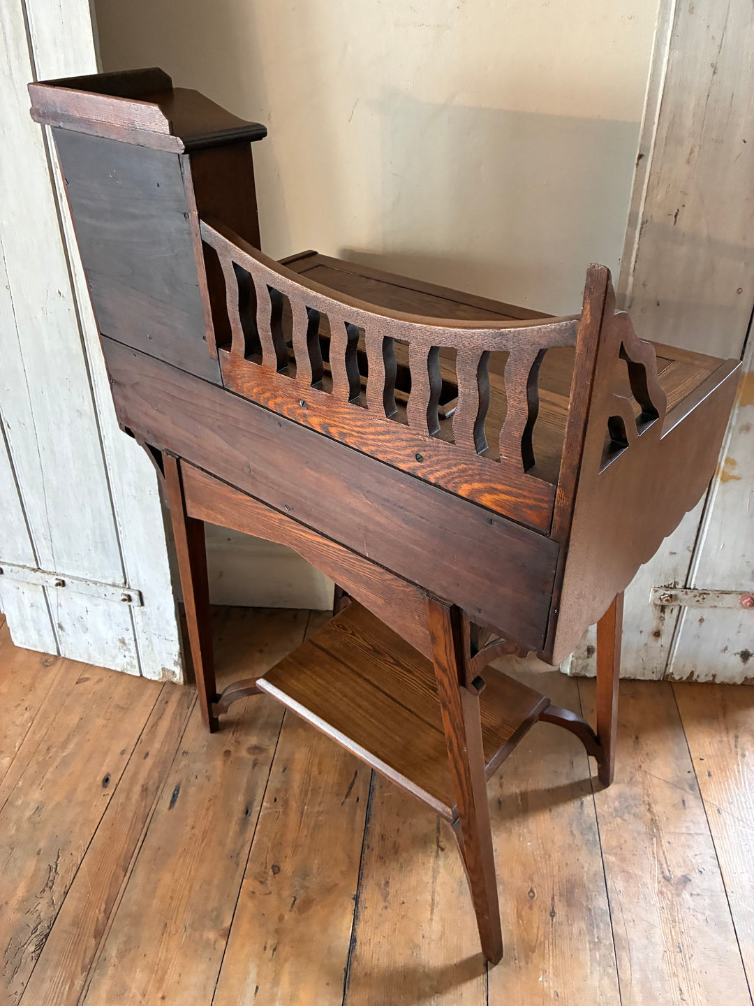 Edwardian Lady's Writing Desk with fold-out top, leather surface, and elegant wavy gallery from Source for the Goose, Devon.