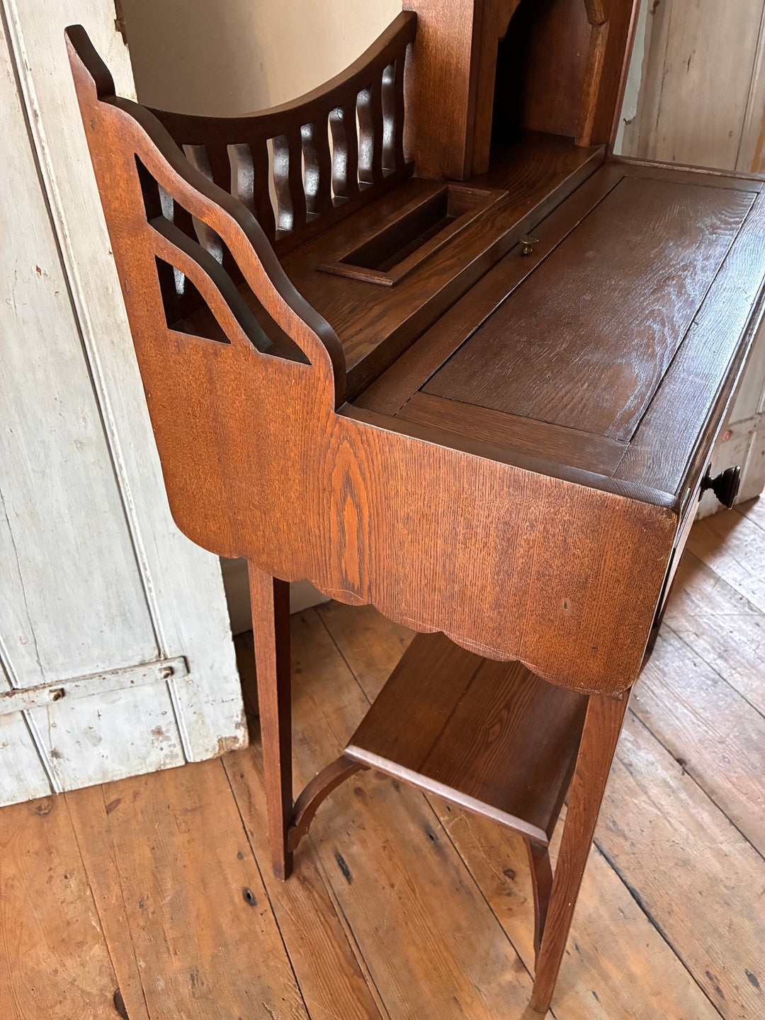 Edwardian Lady's Writing Desk with leather writing surface, wavy gallery, and spacious drawer from Source for the Goose, Devon.